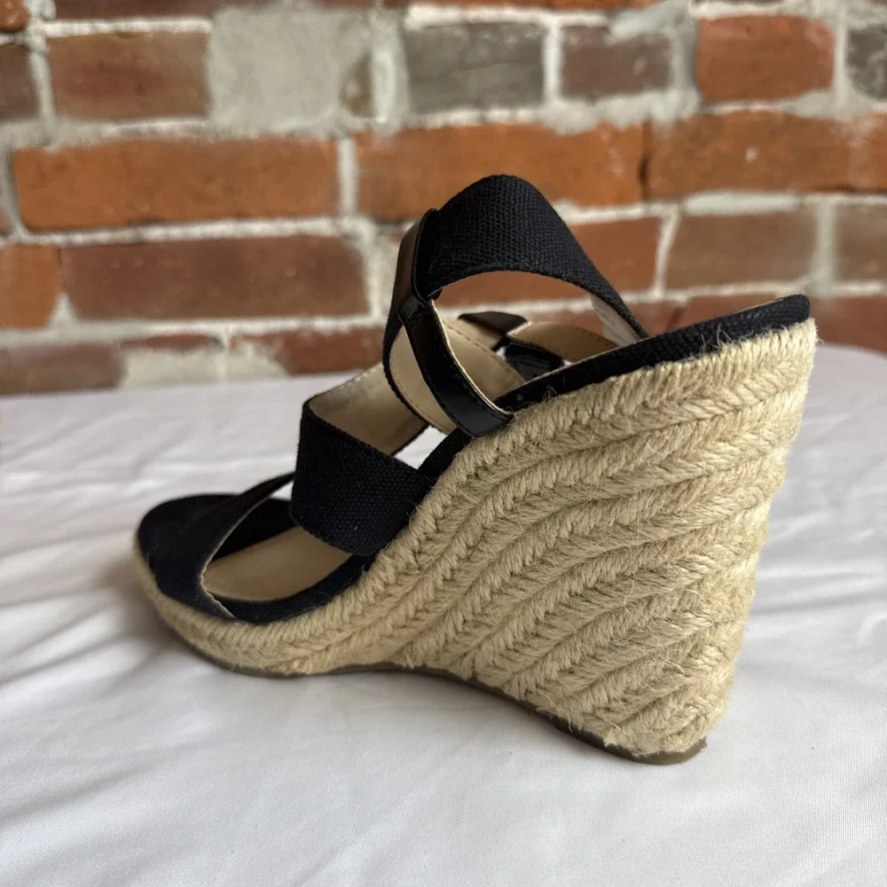 Banana Republic Black‎ Canvas Espadrille Wedge Heel Sandal Leather Trim Size 8
